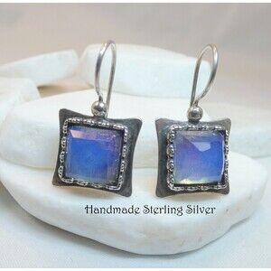 Sterling Silver Opalite Modernist Dangle Drop Earrings Signed Handmade Artisan